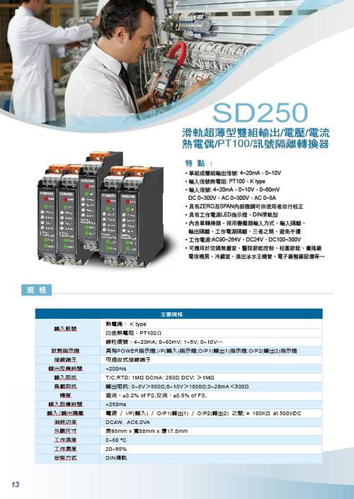 SD250-交直流雙組信號隔離器/超薄型溫度傳送器PT100