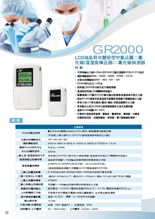 浸入式二氧化碳傳訊器-溫溼度2M出線型控制器-液晶壁掛PM2