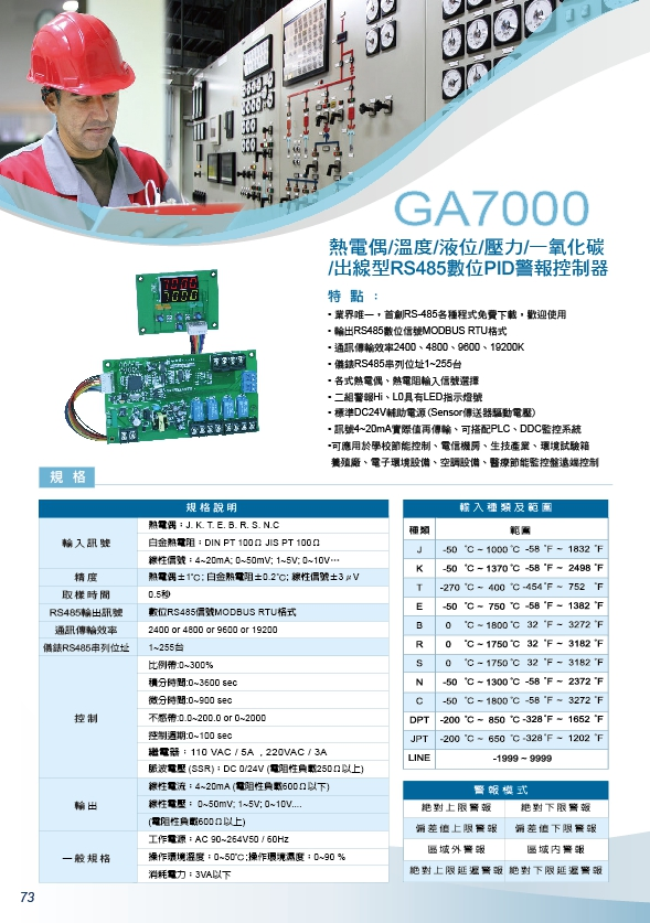 控制器-GA7000裸板式分離型熱電偶/溫度/液位/差壓/壓力/一氧化碳/RS485數位PID警報控制器