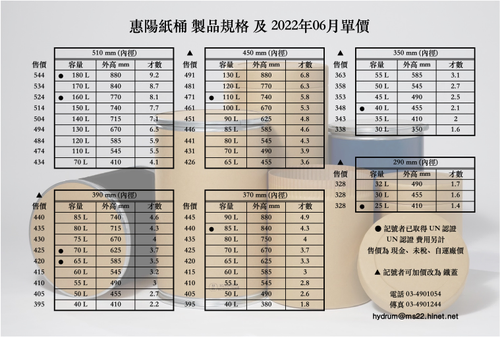惠陽紙桶 製品規格表 及 2022年6月參考售價
