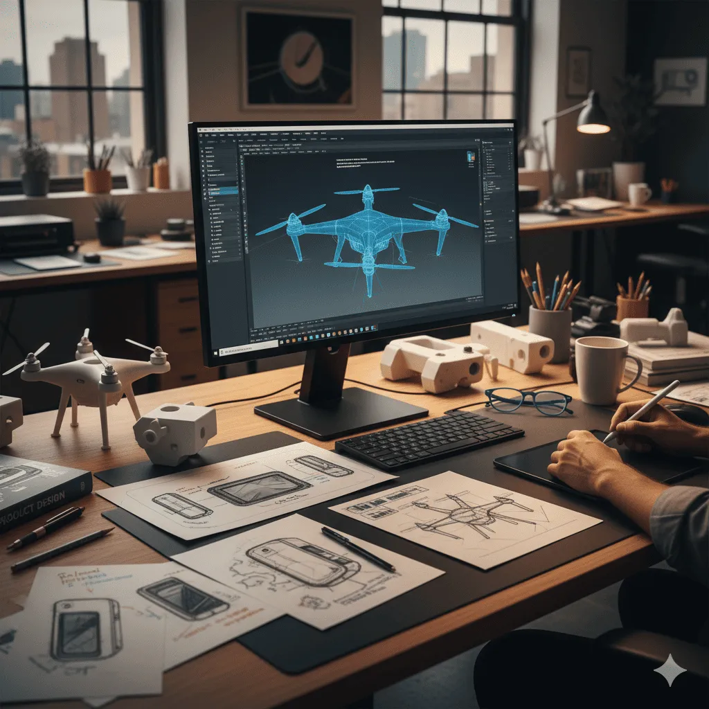 現代工業設計師手繪產品草圖與3D模型並存桌面。