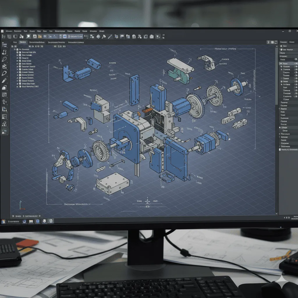 電腦螢幕顯示複雜機械結構的3D爆炸圖,藍圖背景。
