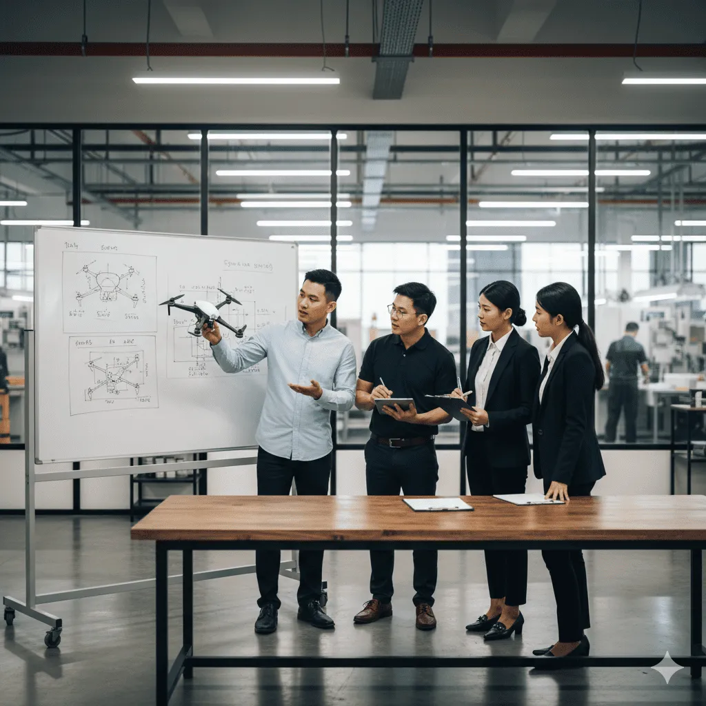 工程師團隊指著白板上的設計圖進行熱烈討論。