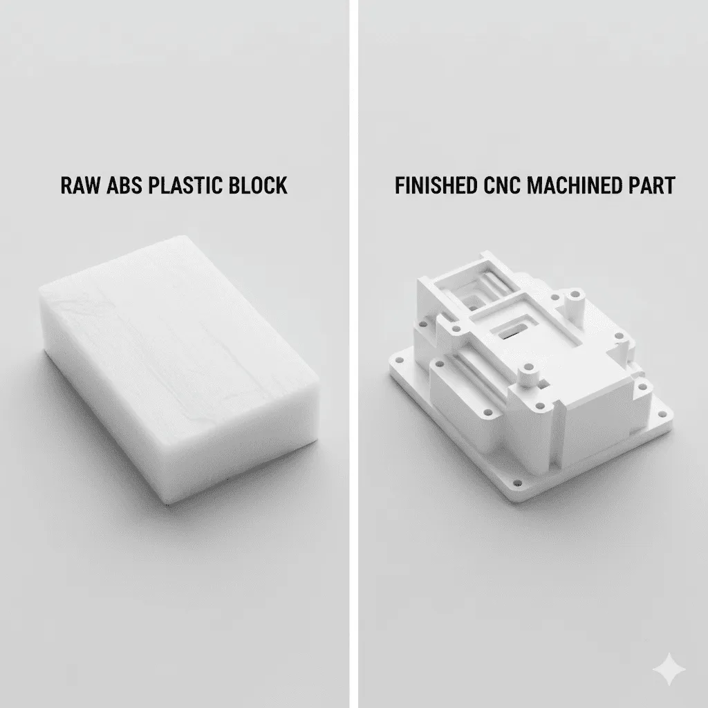對比圖：左邊是ABS塑膠原料塊，右邊是CNC加工後的精緻外殼
