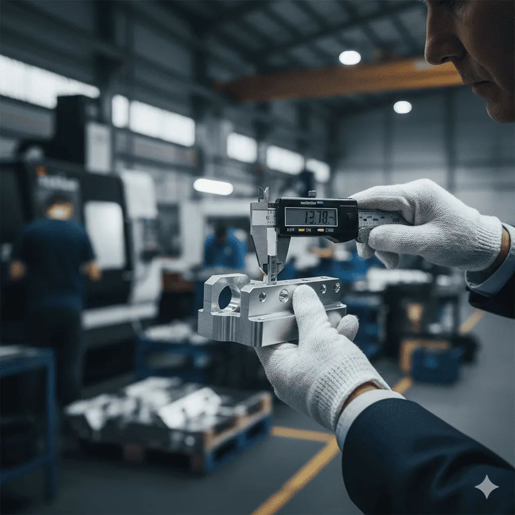 資深顧問手持游標卡尺測量金屬樣品，背景為工廠。