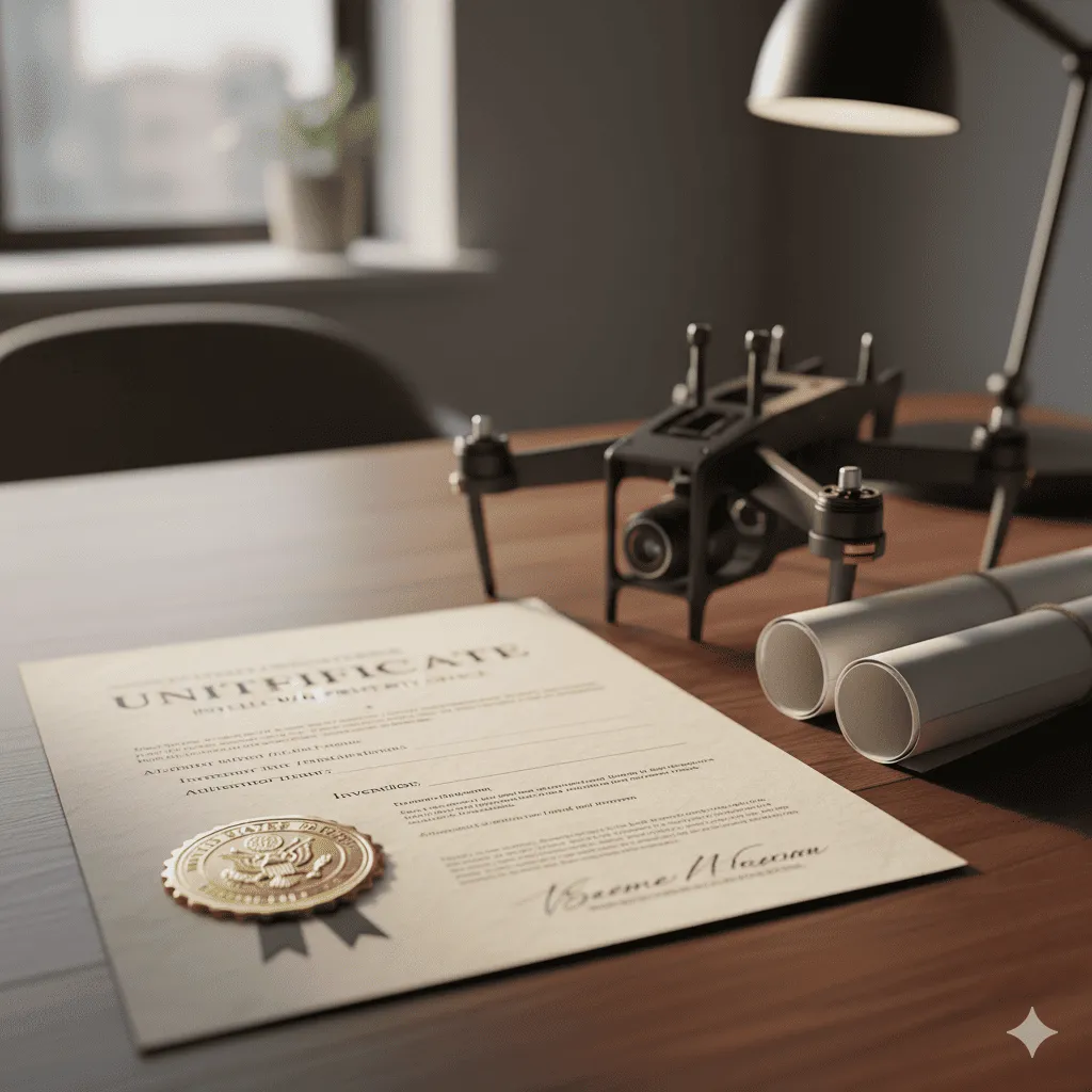 專利證書平鋪在桌上，旁邊放著實體產品與技術藍圖。