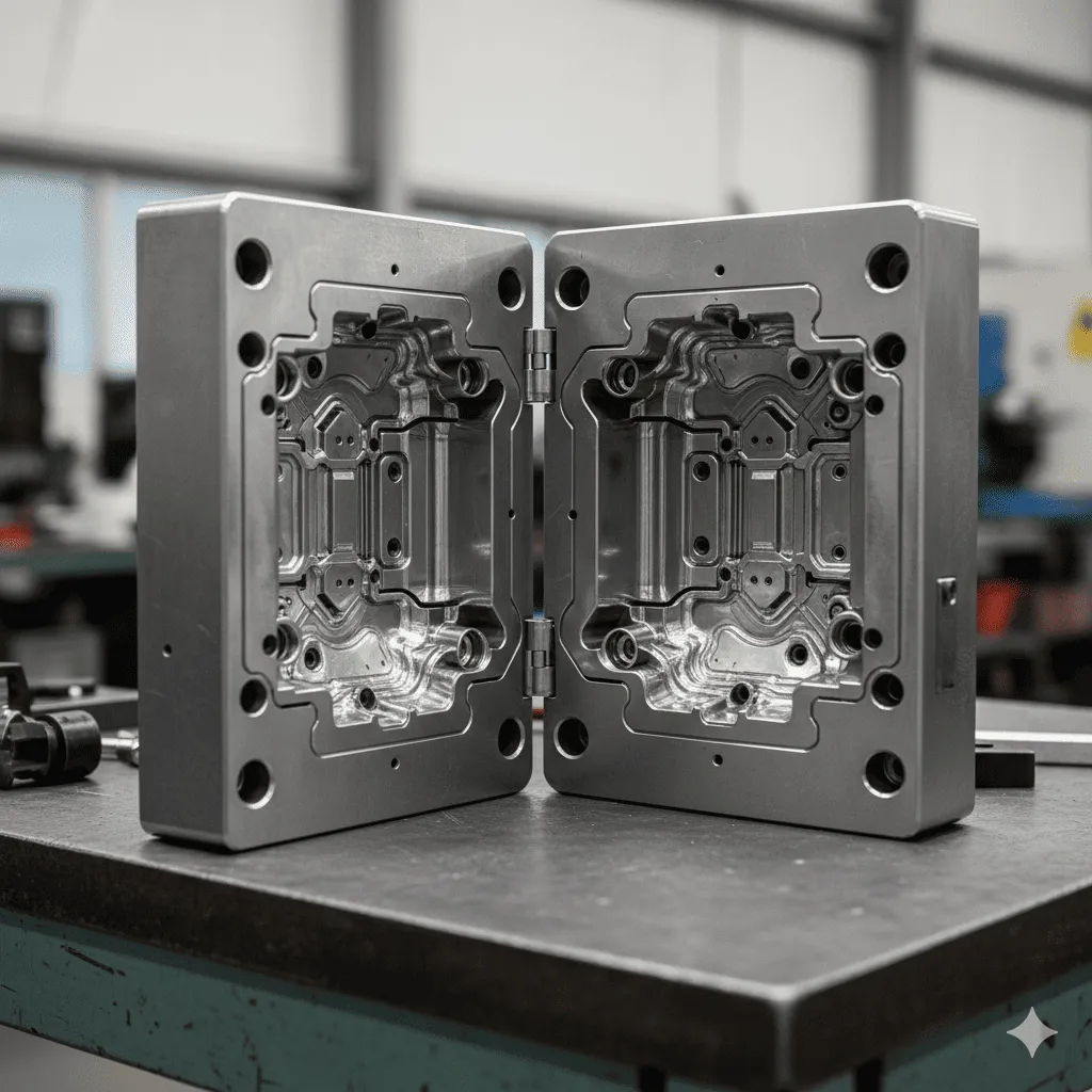 精密的金屬鋼模具特寫,展示內部複雜的冷卻水路與結構。