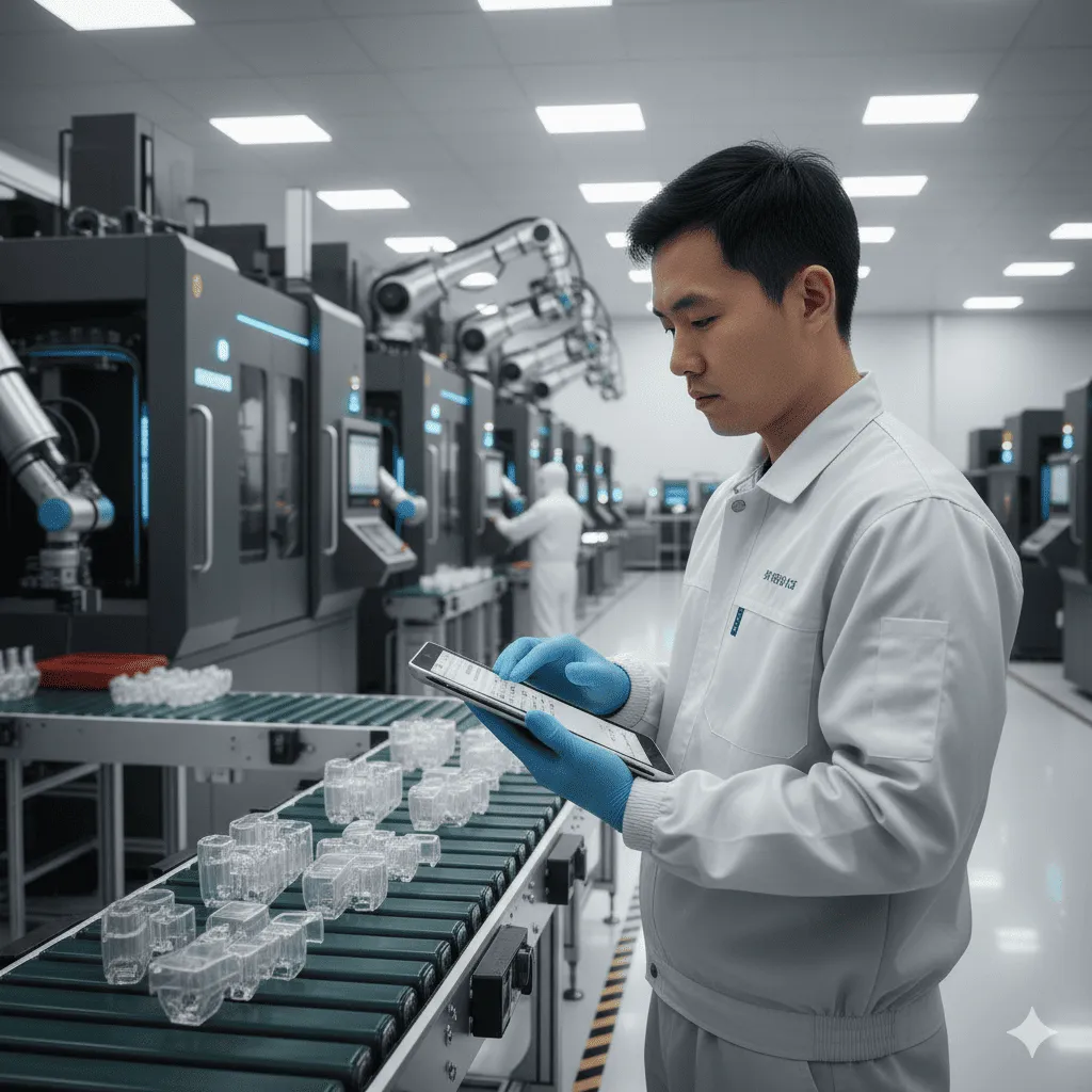 品質檢驗員正在檢查輸送帶上的成品,手持平板記錄數據。