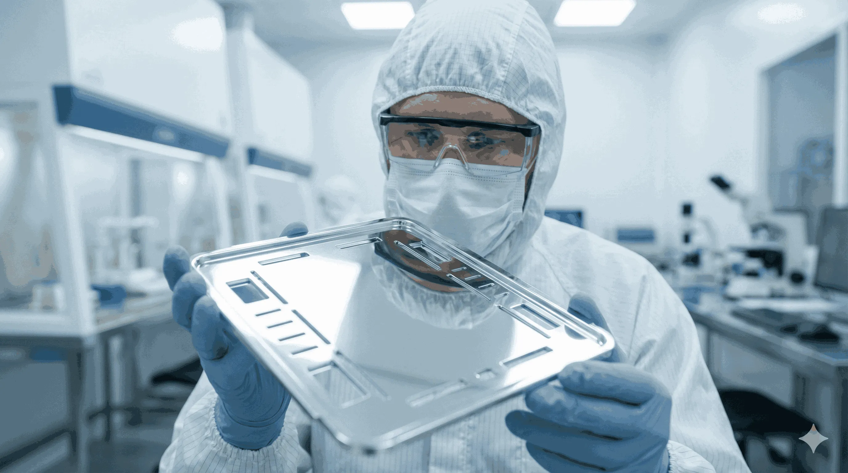 無塵室內工程師檢查半導體晶圓載具細節。