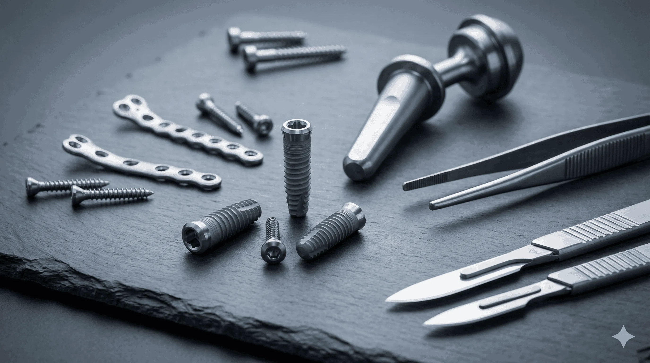 精密醫療鈦合金骨板與手術器械展示。