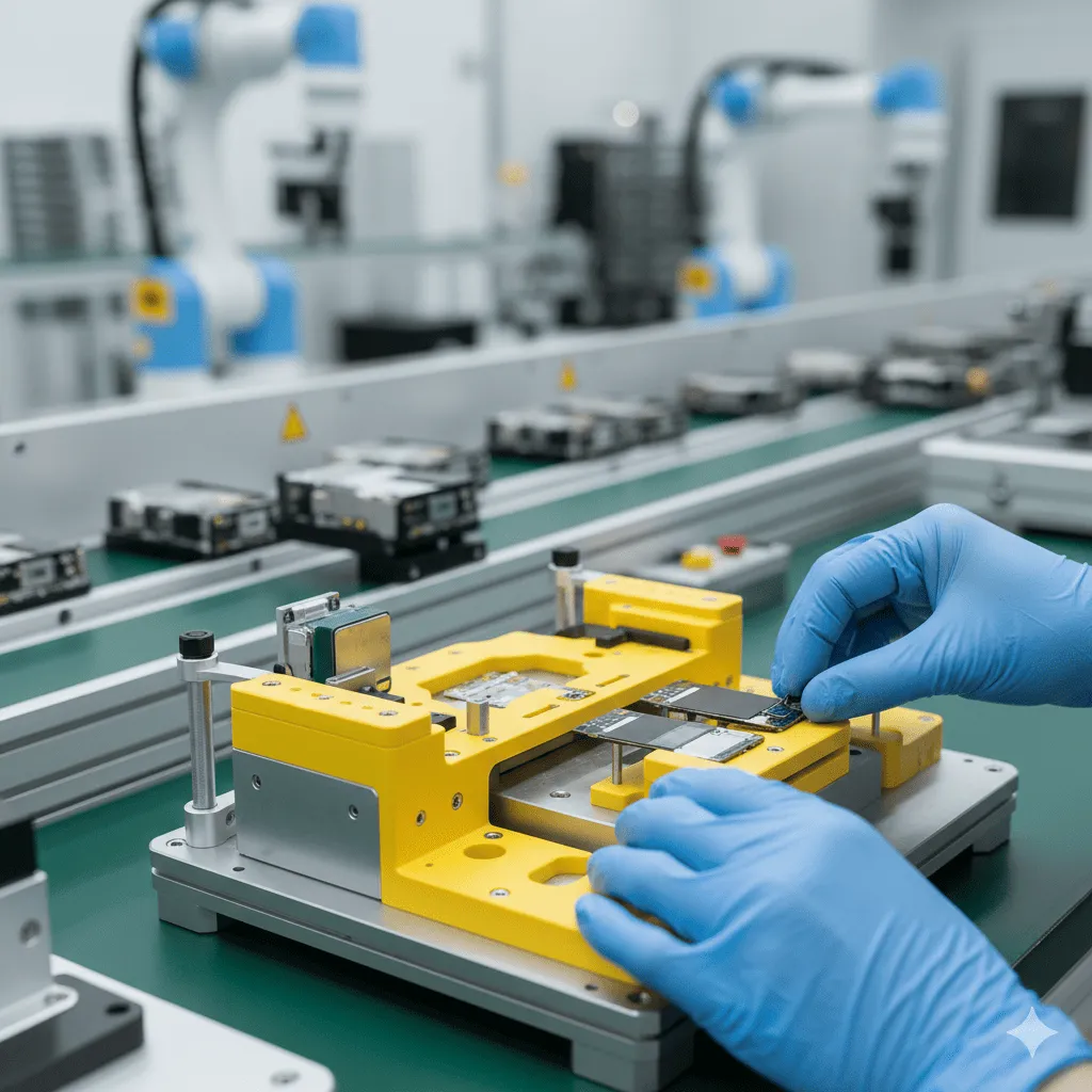 電子工廠產線上使用精密治具組裝3C產品。