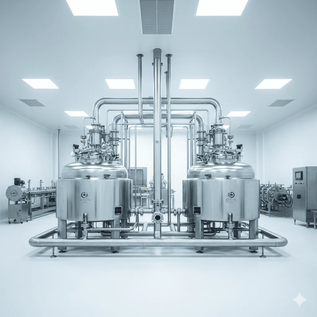 光亮的不鏽鋼食品化工機械設備特寫。