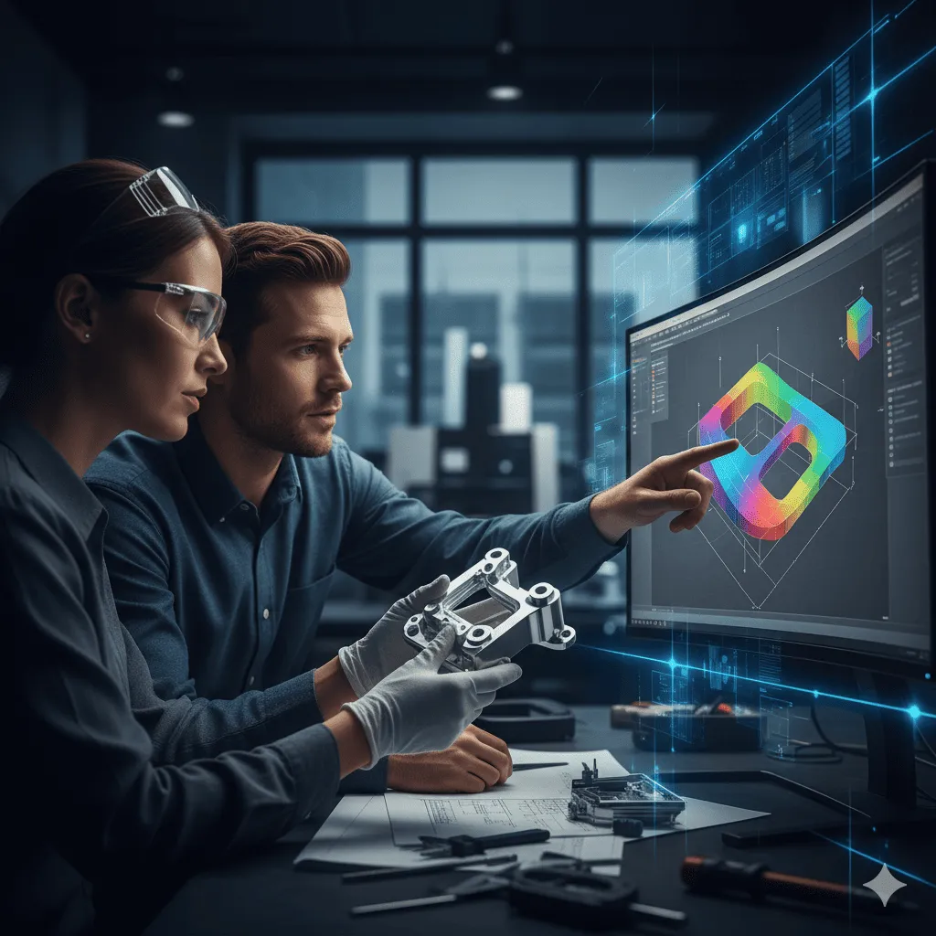 研發中心內工程師檢視3D CAD模型與實體樣品。