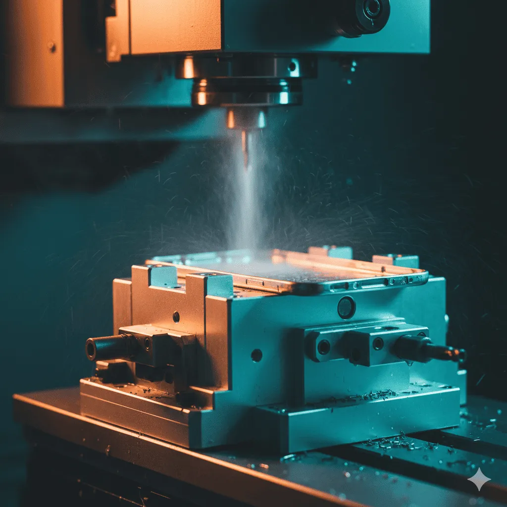 精密CNC治具夾持著複雜的電子鋁合金外殼。