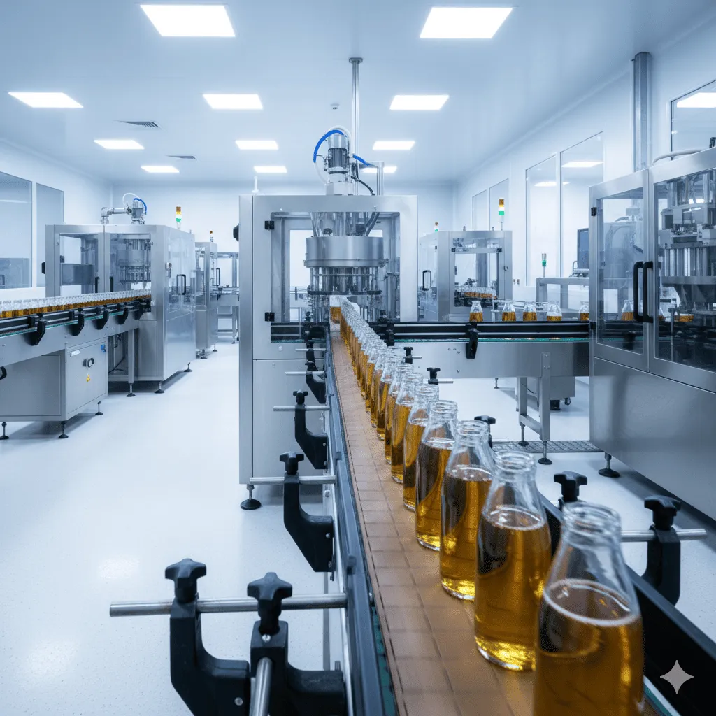 食品級不鏽鋼自動化充填機械產線運作中。