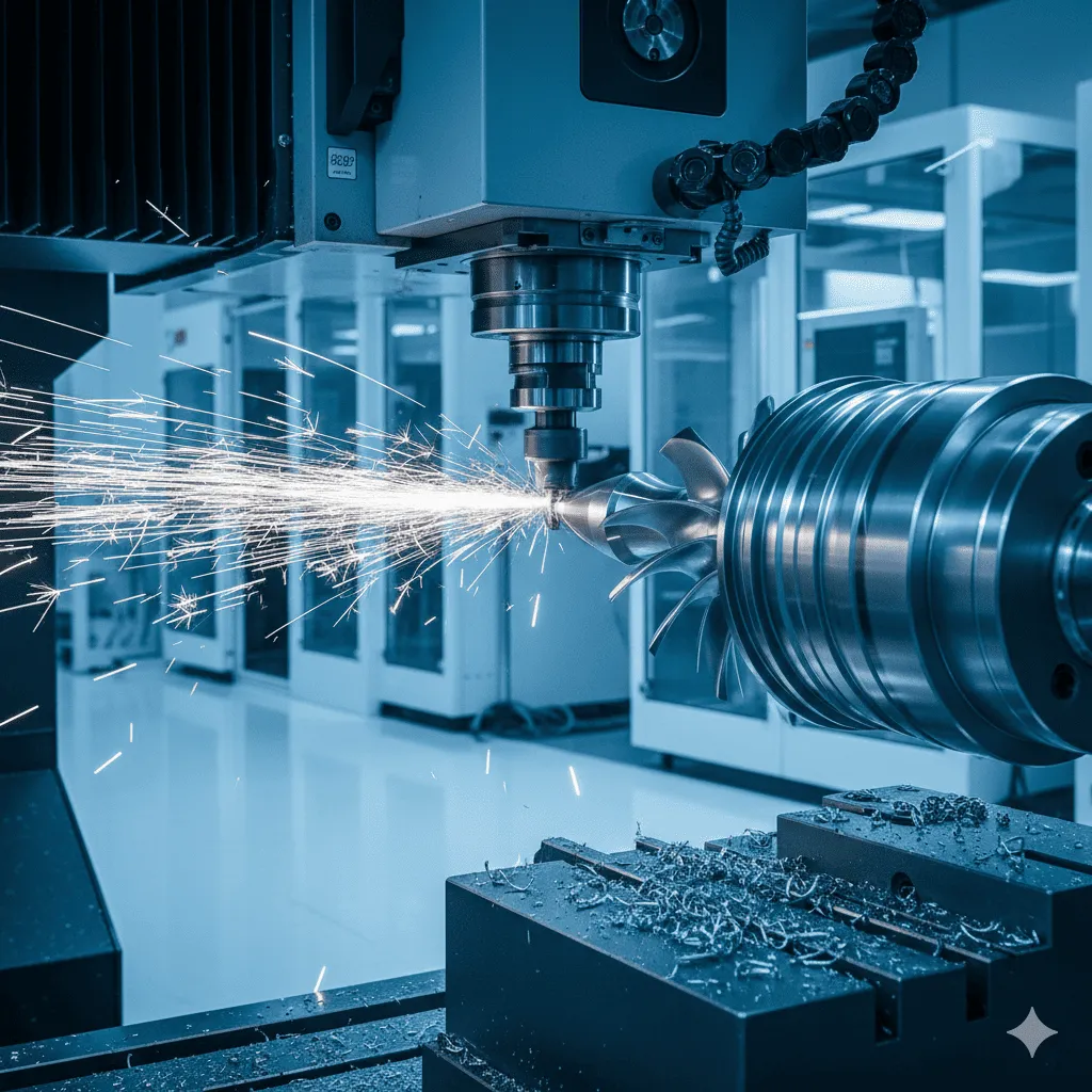 五軸CNC機台正在切削航太渦輪葉片，火花飛濺。