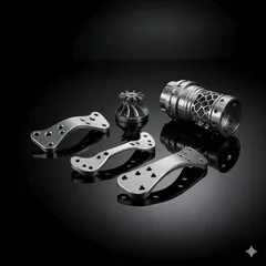 展示桌上陳列精密的鈦合金醫療骨板與航太零件。