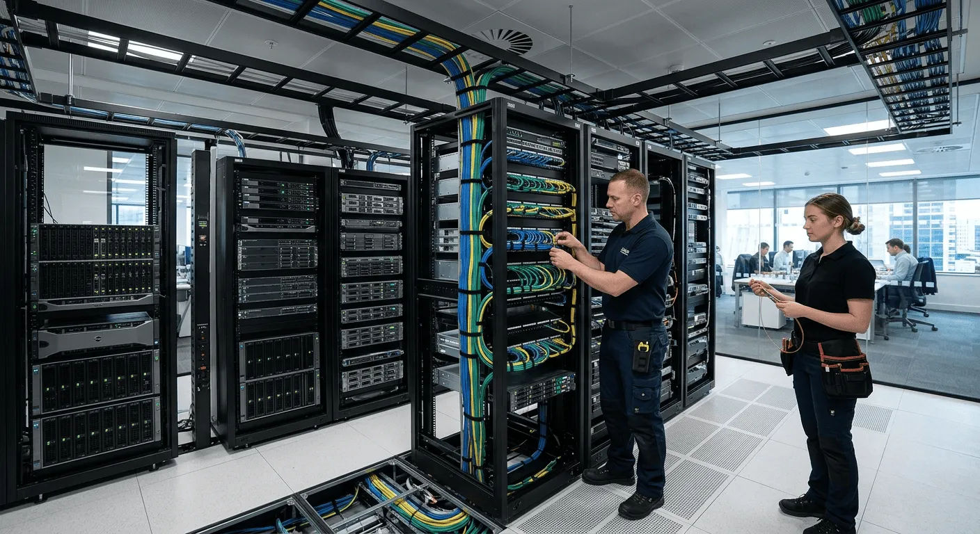 現代辦公室內的專業機房與線路佈建場景