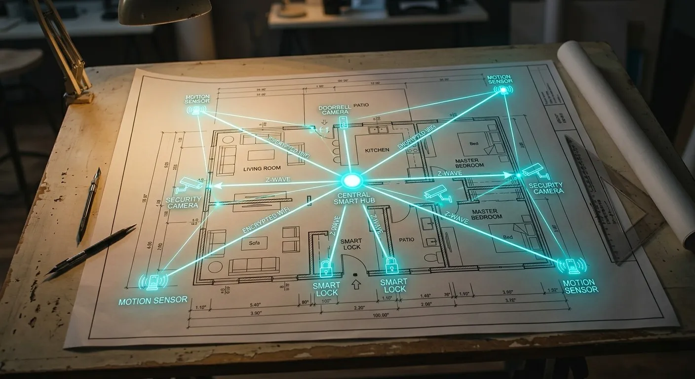 智慧家庭的建築藍圖發光示意圖,展現網路節點與安全防護架構