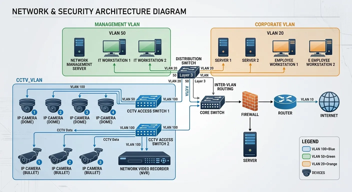 清晰的 VLAN 網路拓樸圖與安防監控架構示意圖