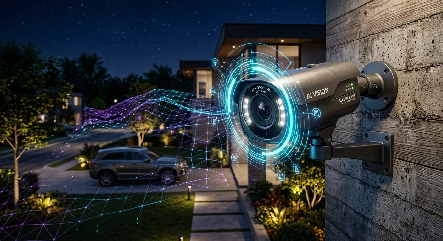 戶外星光級高畫質安防鏡頭,以紫色科技光環呈現 AI 防護網
