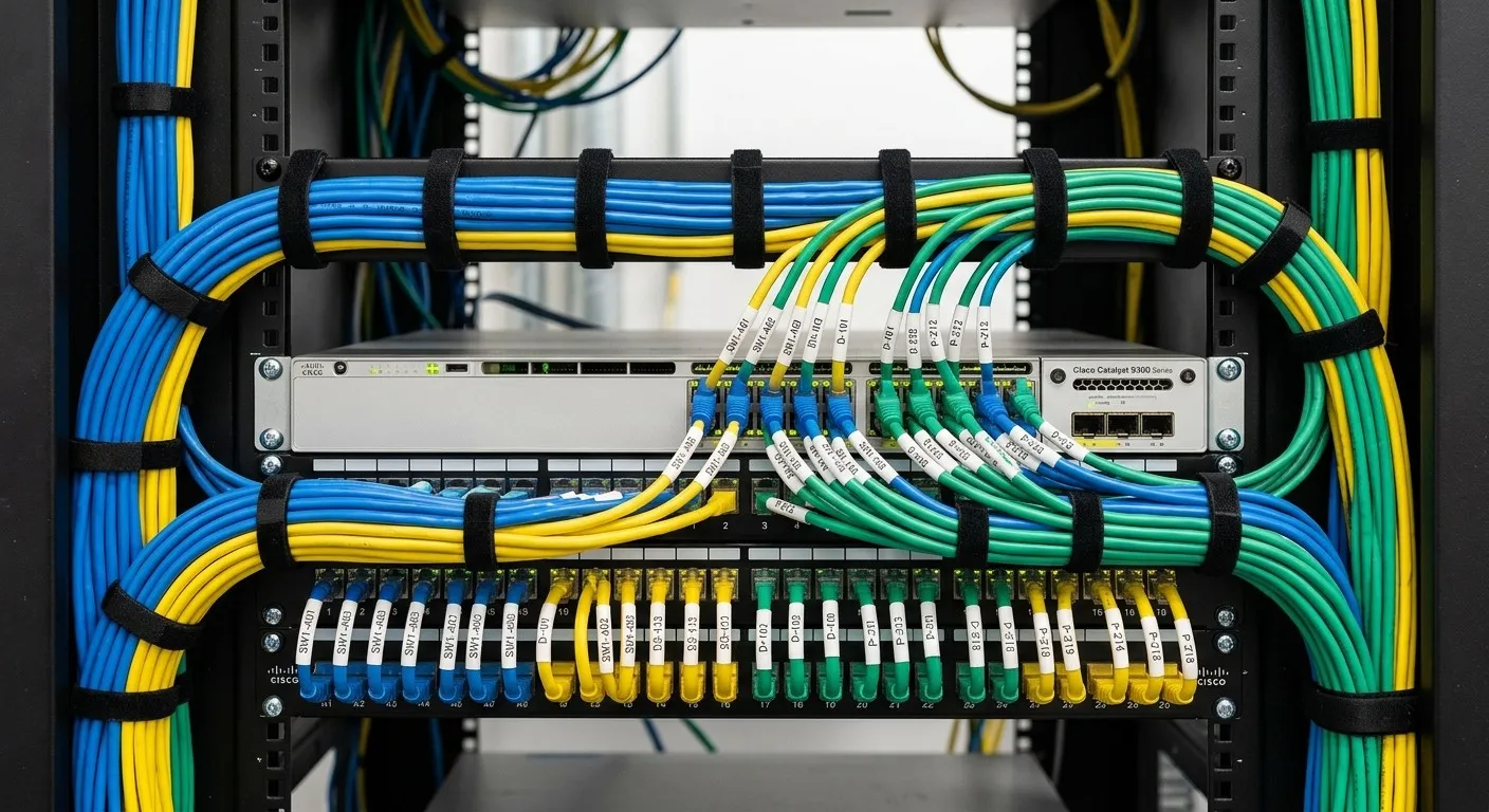 清晰且專業的弱電箱理線與網路交換機設備特寫