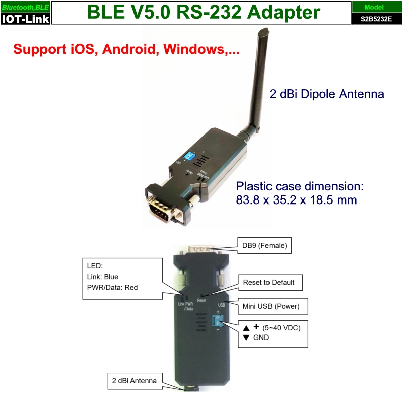 藍牙BLE V5.0 RS-232傳輸器-外置天線
