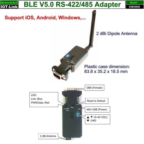 藍牙BLE V5.0 RS-485傳輸器-外置天線