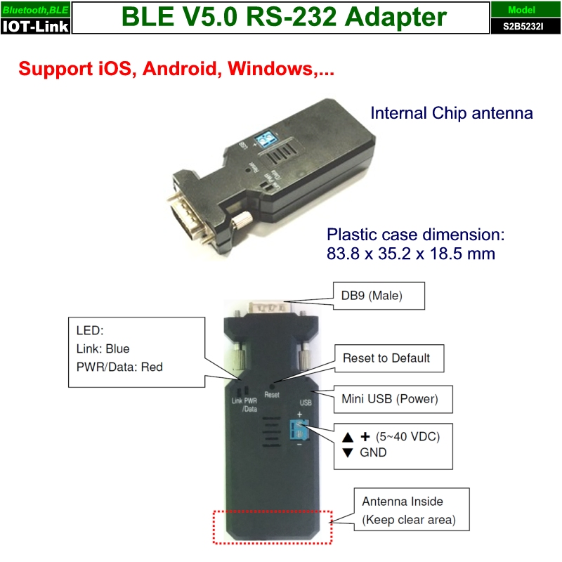 BLE V5.0 RS-232傳輸器-內置天線