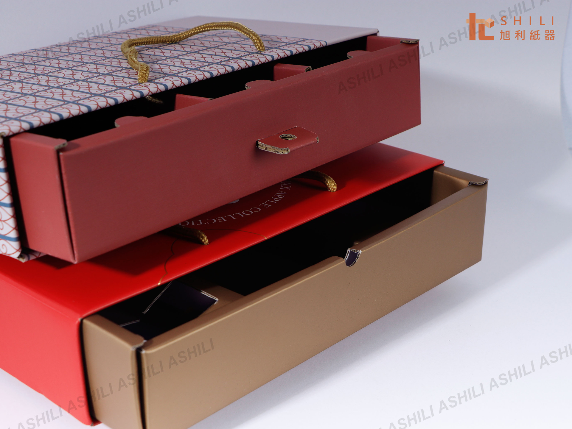 旭利紙器設計製作的抽拉盒款式,結合多層結構與滑抽式開合設計,