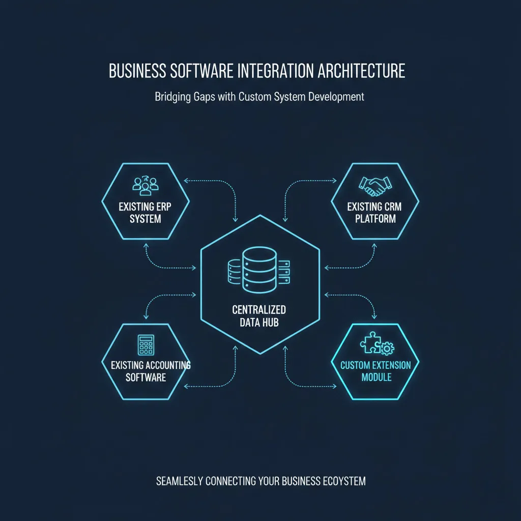 商用軟體與客製化系統整合架構示意圖