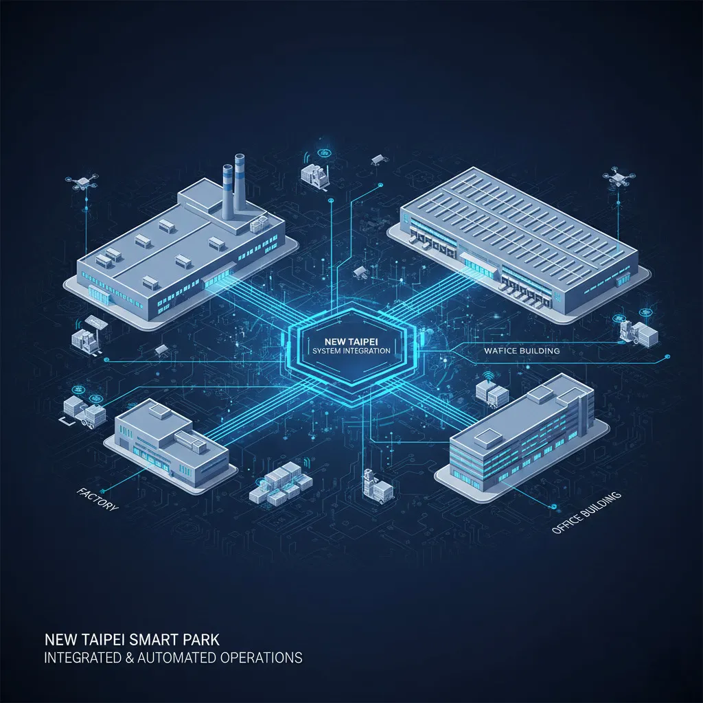 智能園區與系統自動化運作的意象示意圖