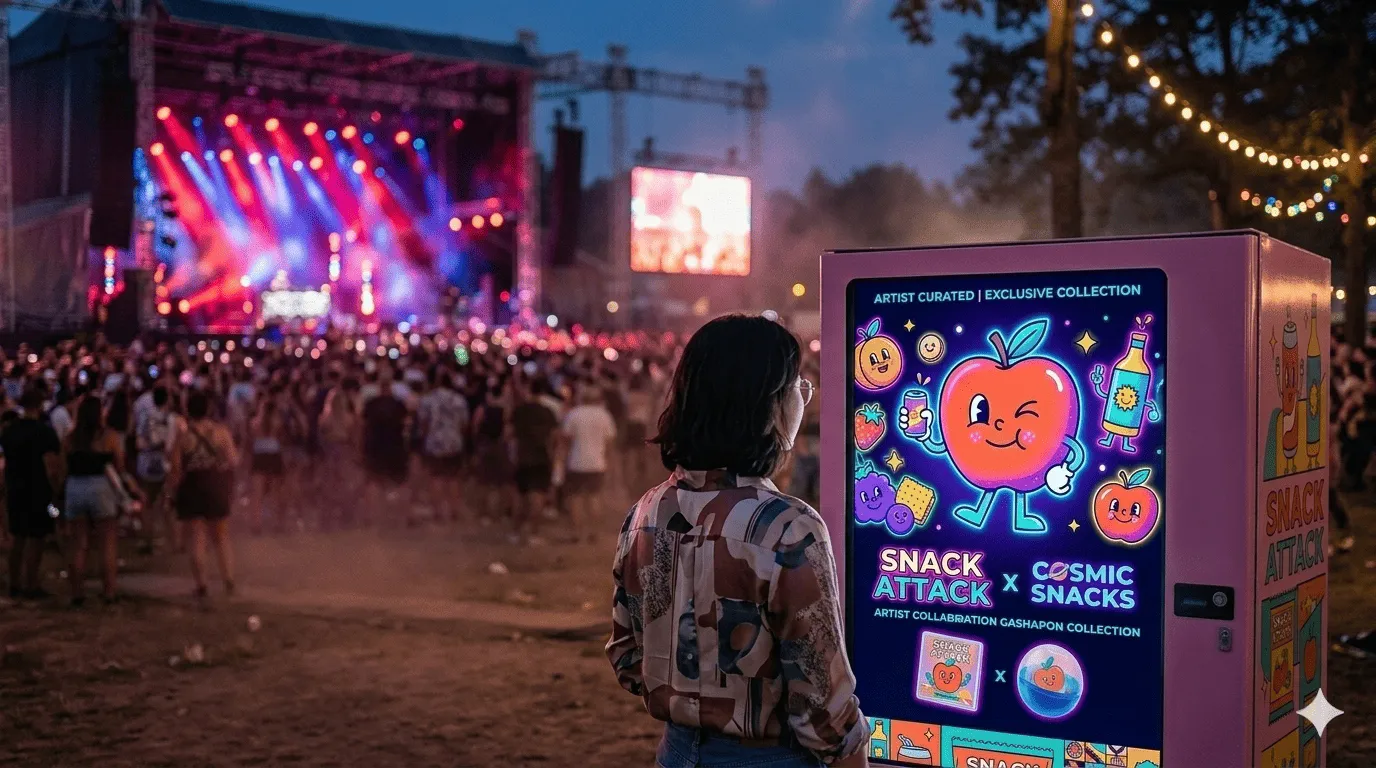 夜晚的戶外音樂節，販賣機螢幕播放著炫麗的廣告