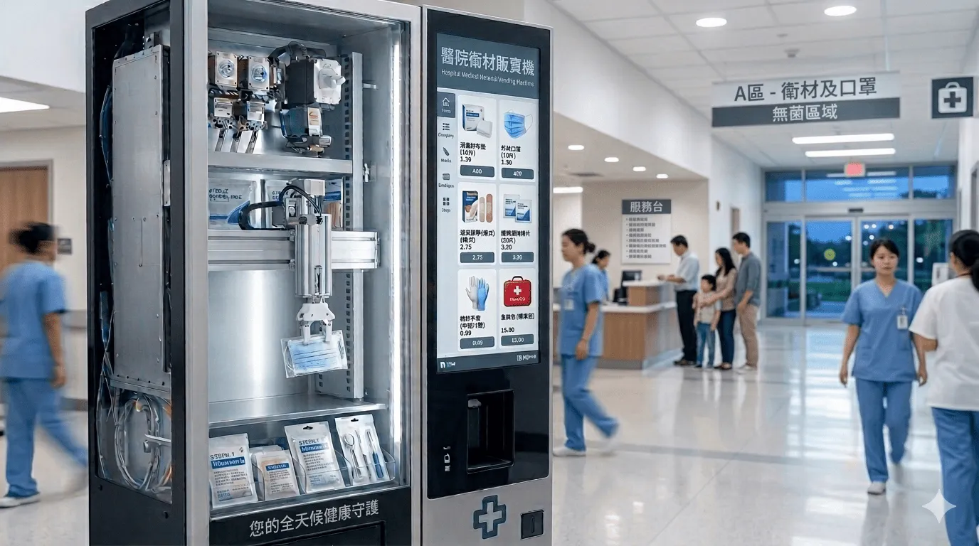 醫院明亮走廊上的生活用品販賣機，展示口罩與護理包。