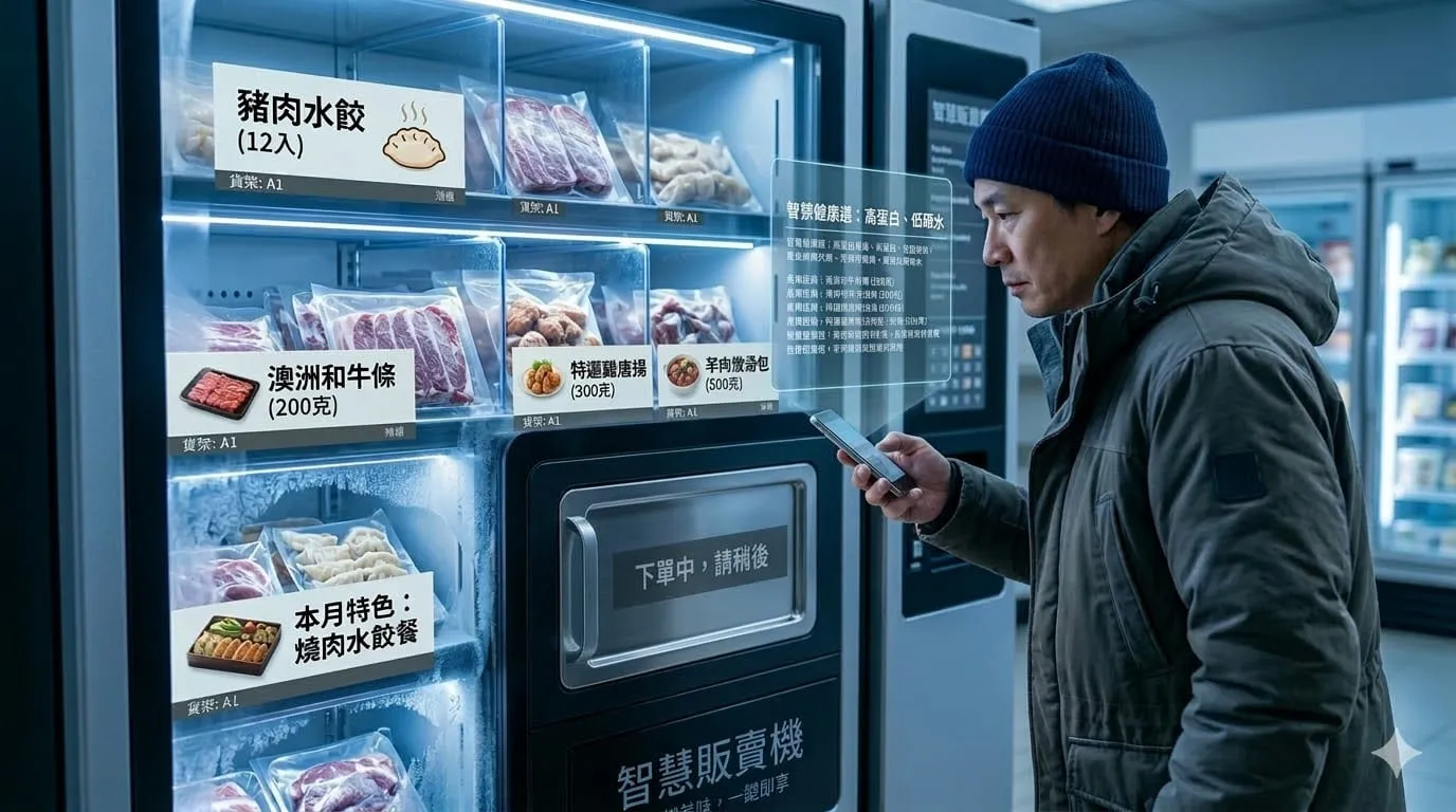 顧客透過透明櫥窗選擇冷凍牛肉與水餃包裝。