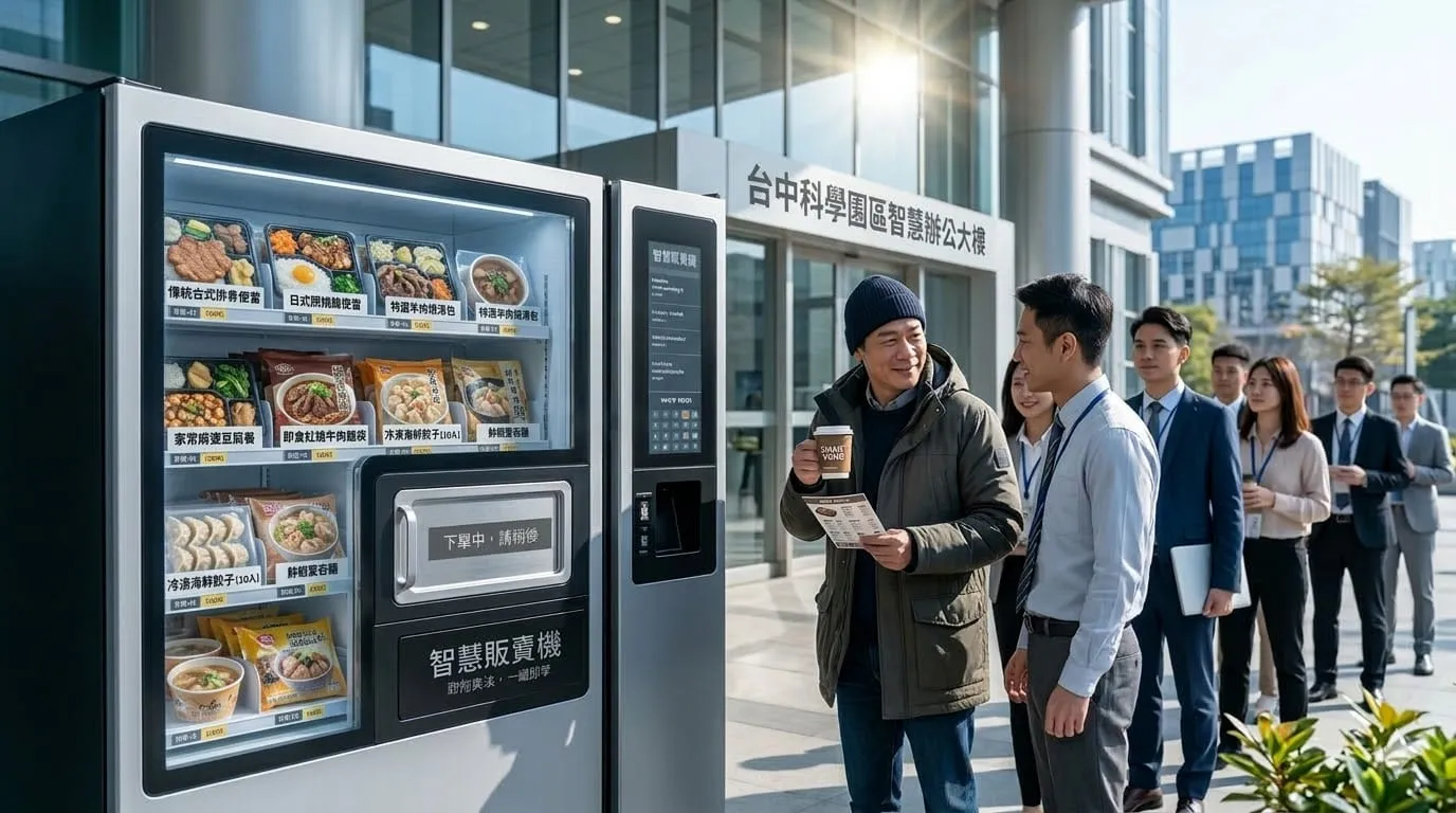 台中科學園區中午時段，上班族排隊使用熱食便當機。