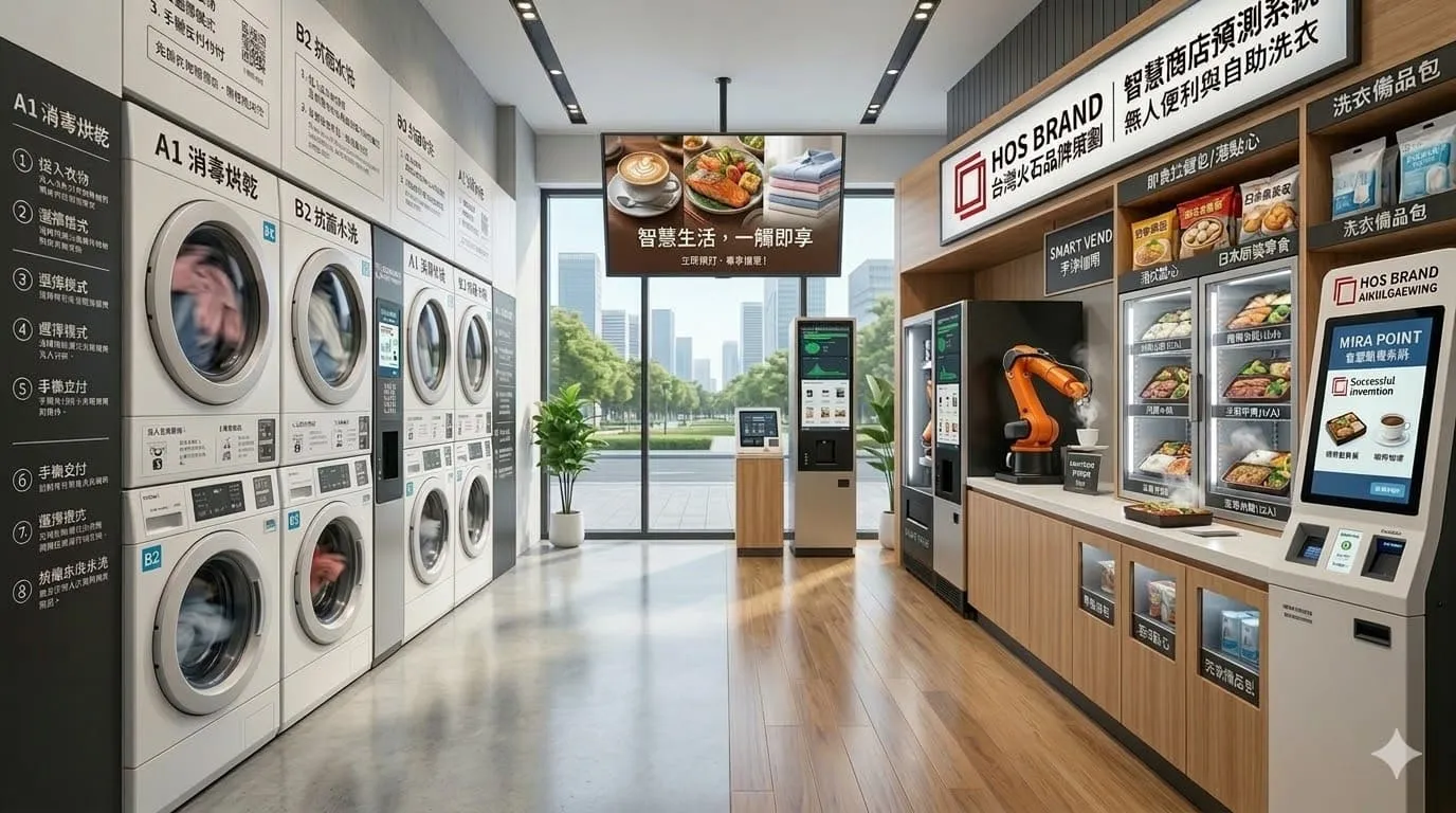乾淨明亮的無人商店內部，結合了洗衣機與販賣機。