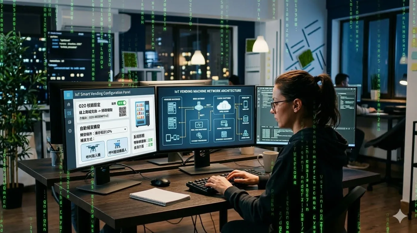 軟體工程師正在多螢幕前編寫販賣機的 IoT 控制代碼。