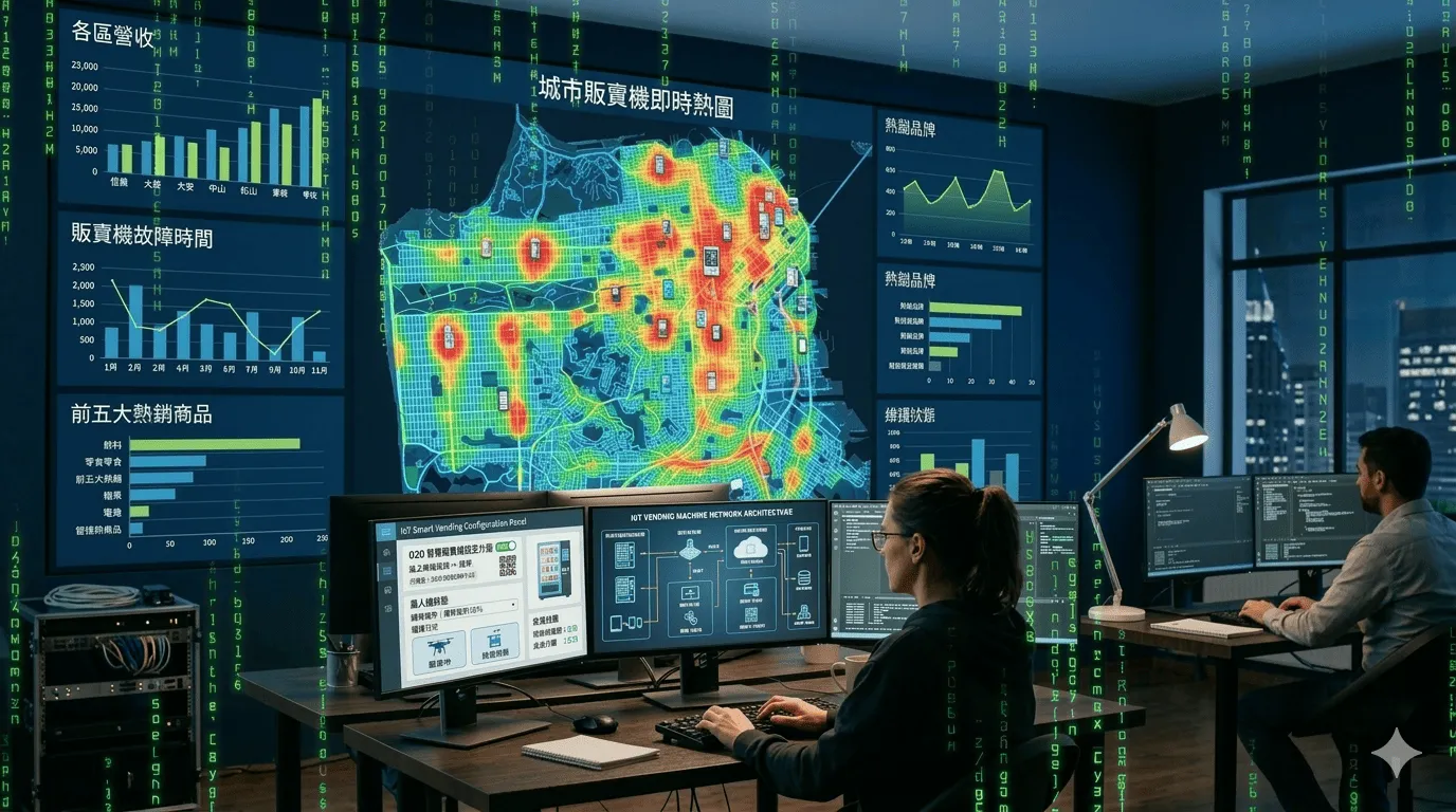 戰情室大螢幕上顯示著全城市販賣機的即時熱點地圖。