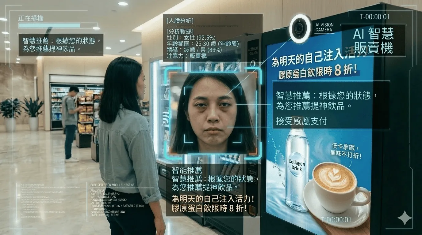 AI 視覺分析視角，顧客臉部周圍顯示年齡與性別的數據框。