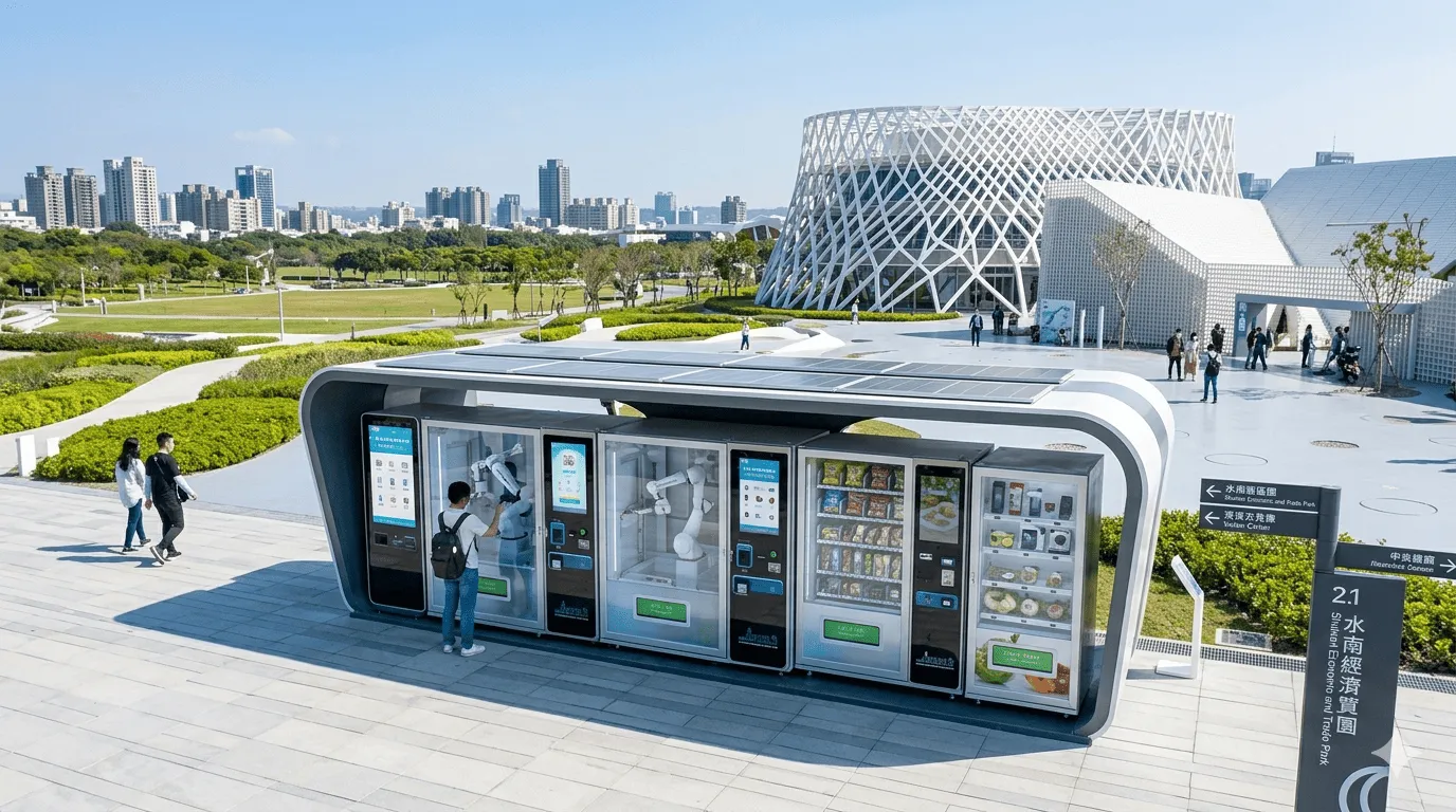 台中水湳經貿園區充滿未來感的戶外智能販賣機群。
