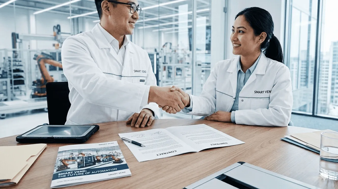 商務人士在辦公室與廠商簽訂販賣機採購合約。