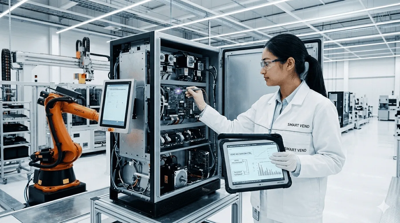 維修技師正在檢測打開背蓋的販賣機內部電路。