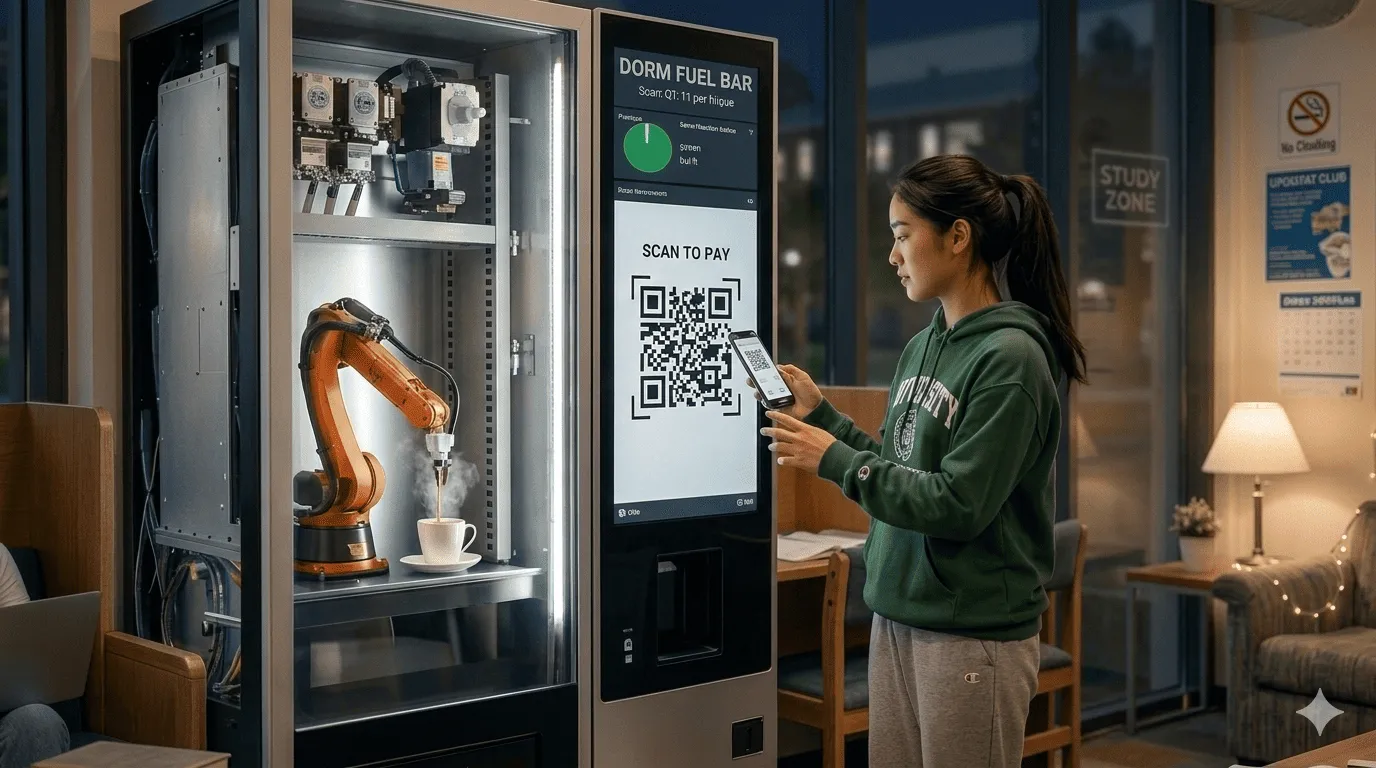 大學校園宿舍交誼廳內的販賣機，學生使用手機掃碼。
