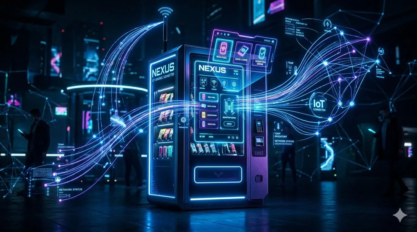 充滿科幻感的販賣機,周圍環繞著全息數據流與網絡節點。