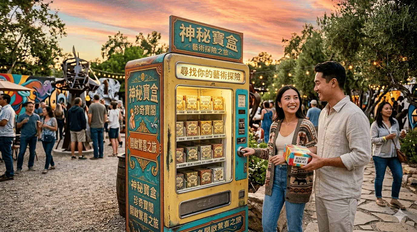 文創園區內的復古風格販賣機,遊客正好奇地購買盲盒商品。