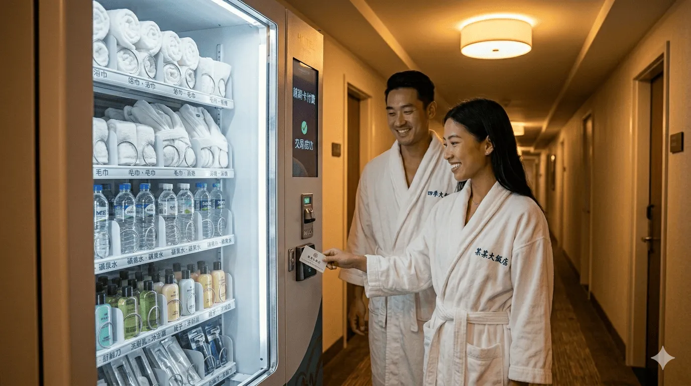 飯店走廊上,住客穿著浴袍輕鬆地使用房卡感應販賣機。