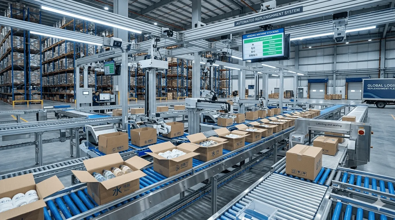 物流中心內,自動化分揀系統正在為各台販賣機準備補貨箱。