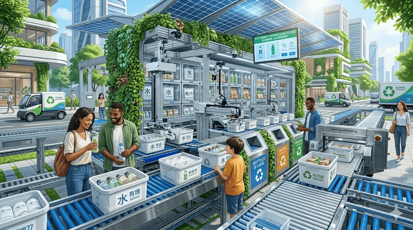 未來城市的街道上,綠意盎然的智慧販賣機與回收系統和諧共存。