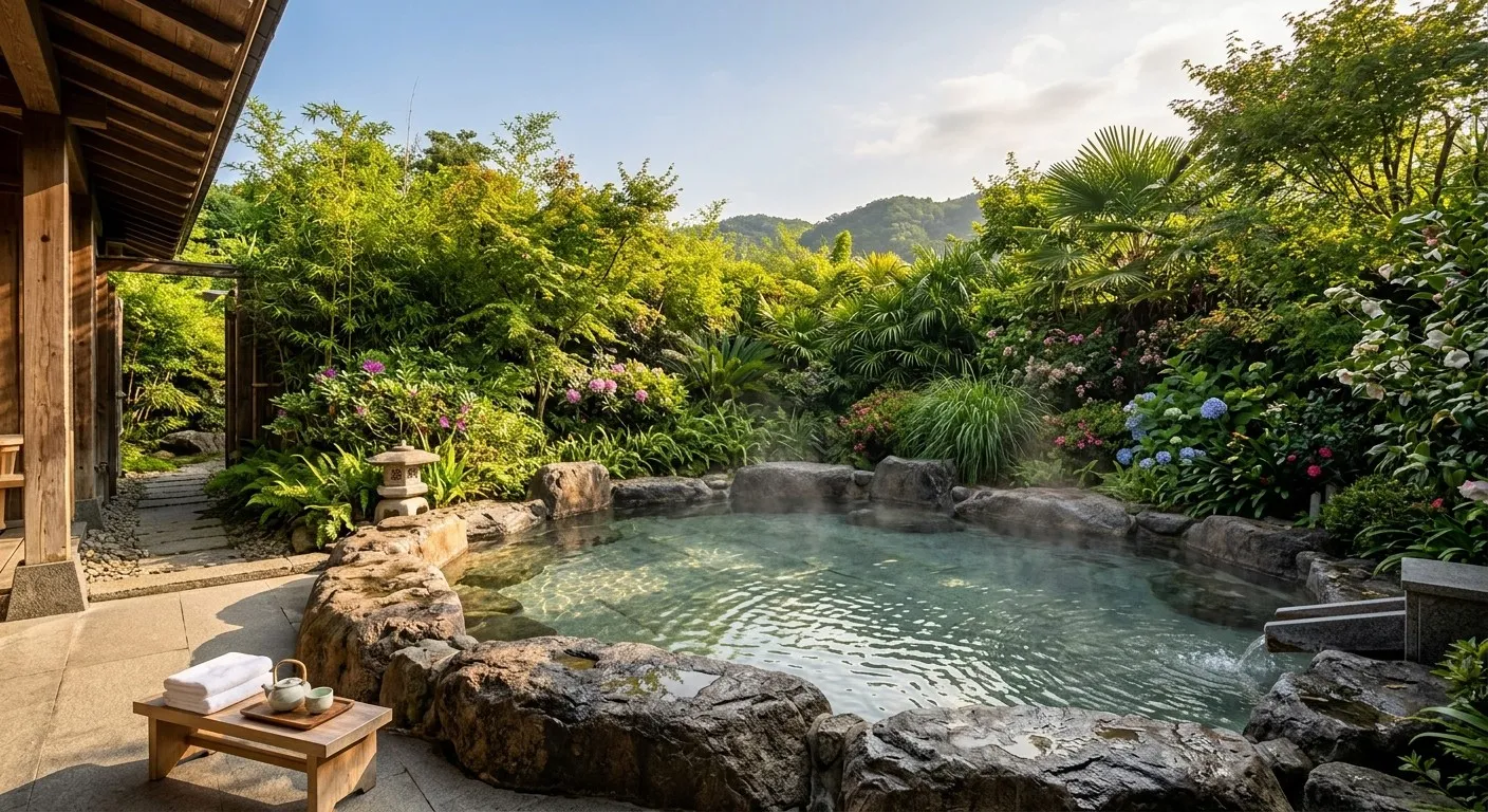 運用高密度石材打造的寬敞浴池,巧妙利用戶外植栽建立起完美的隱
